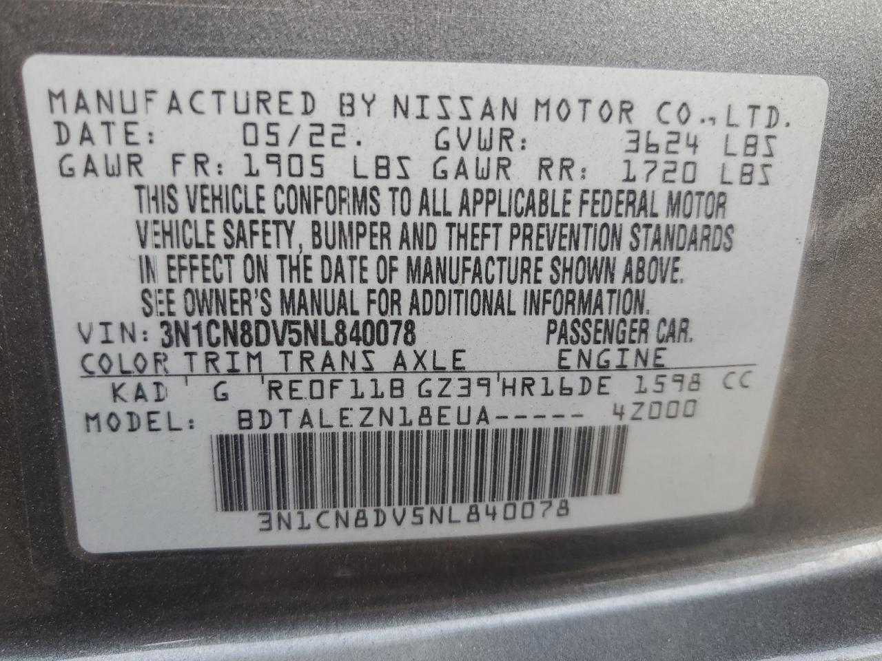 3N1CN8DV5NL840078 2022 Nissan Versa S