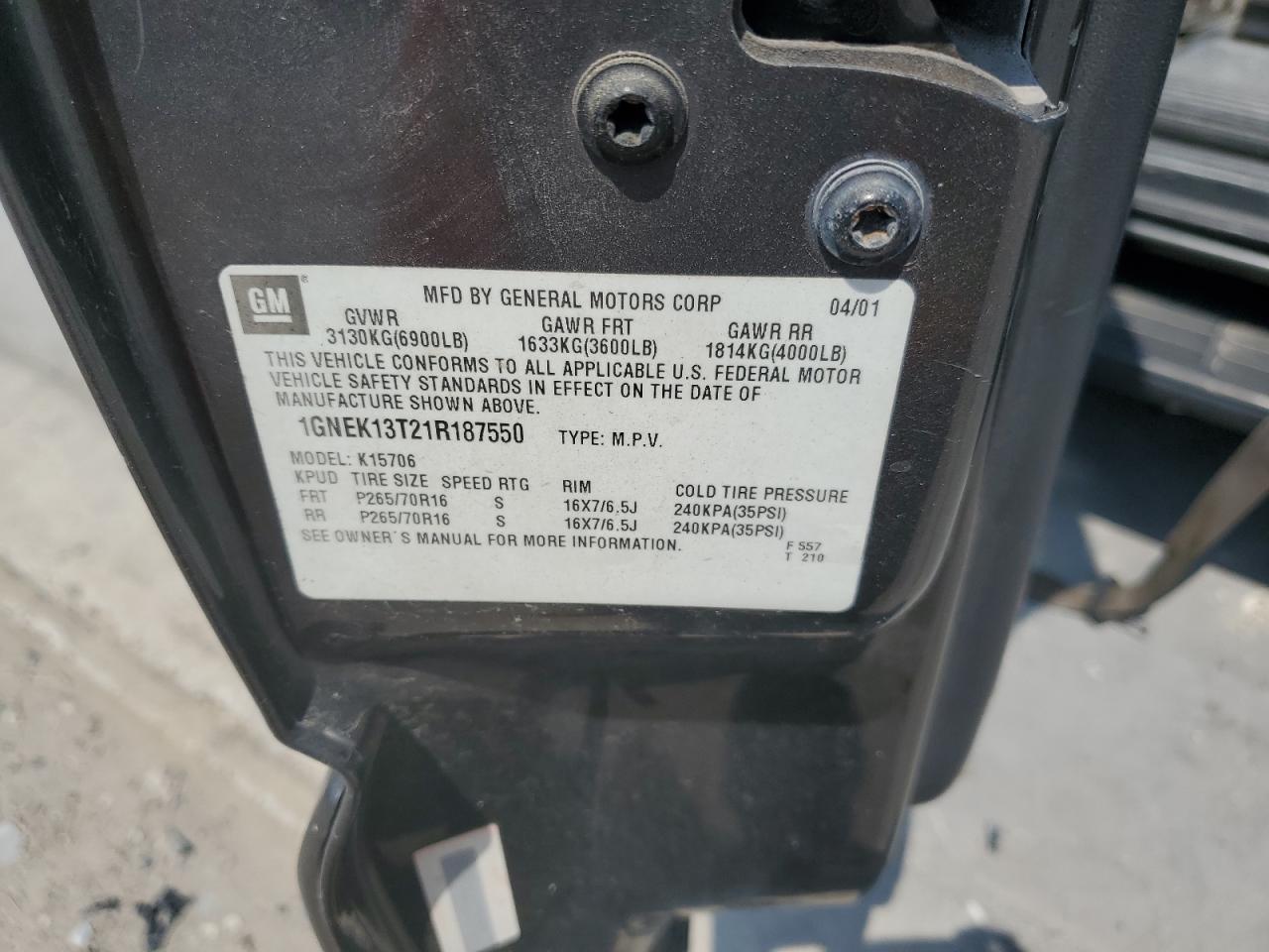 1GNEK13T21R187550 2001 Chevrolet Tahoe K1500