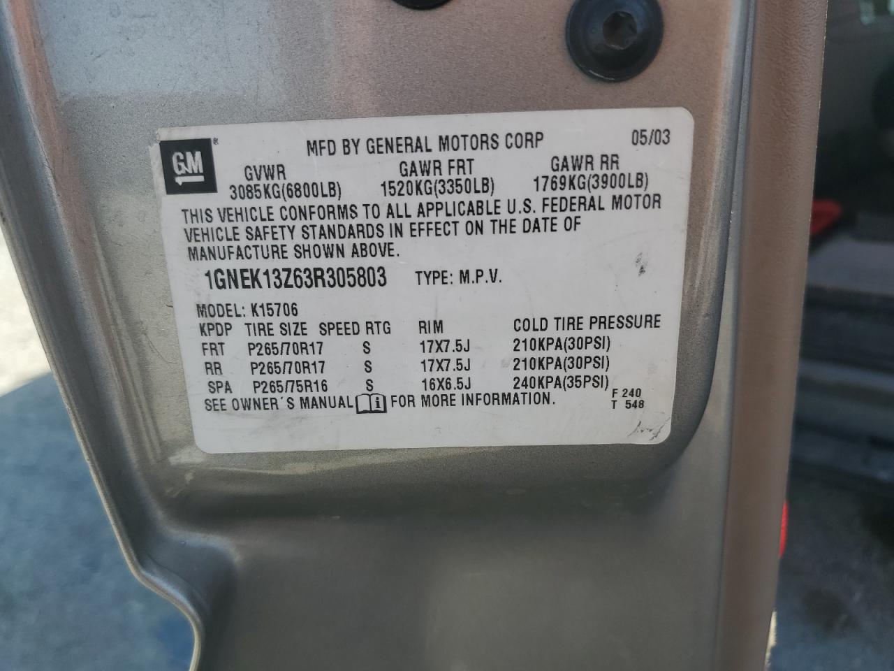 1GNEK13Z63R305803 2003 Chevrolet Tahoe K1500