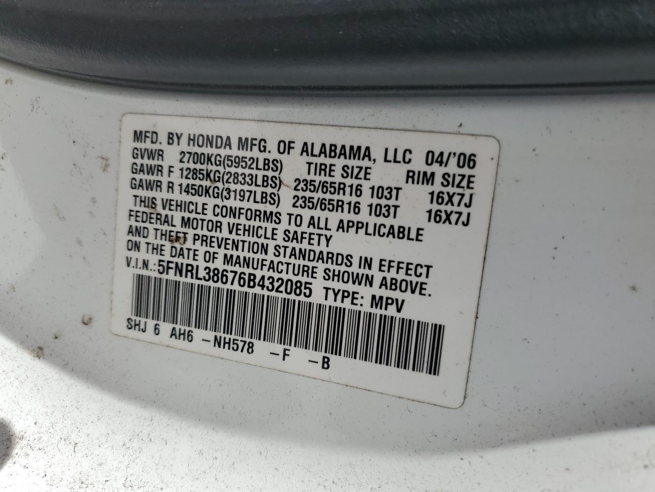5FNRL38676B432085 2006 Honda Odyssey Exl