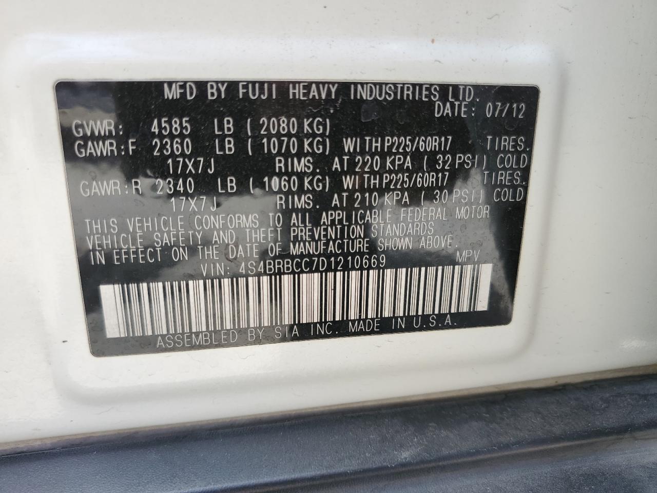 4S4BRBCC7D1210669 2013 Subaru Outback 2.5I Premium