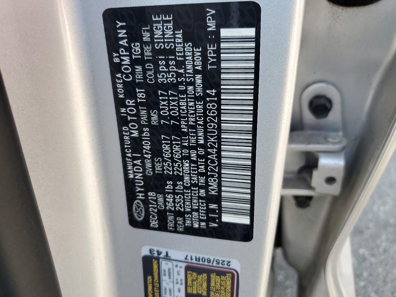 KM8J2CA42KU926814 2019 Hyundai Tucson Se