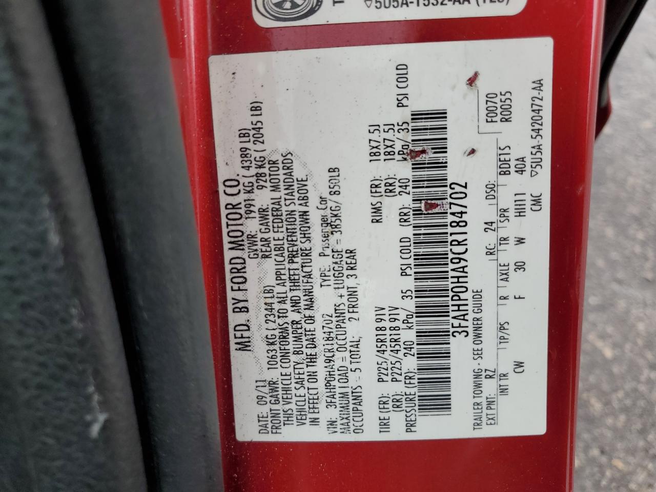 3FAHP0HA9CR184702 2012 Ford Fusion Se