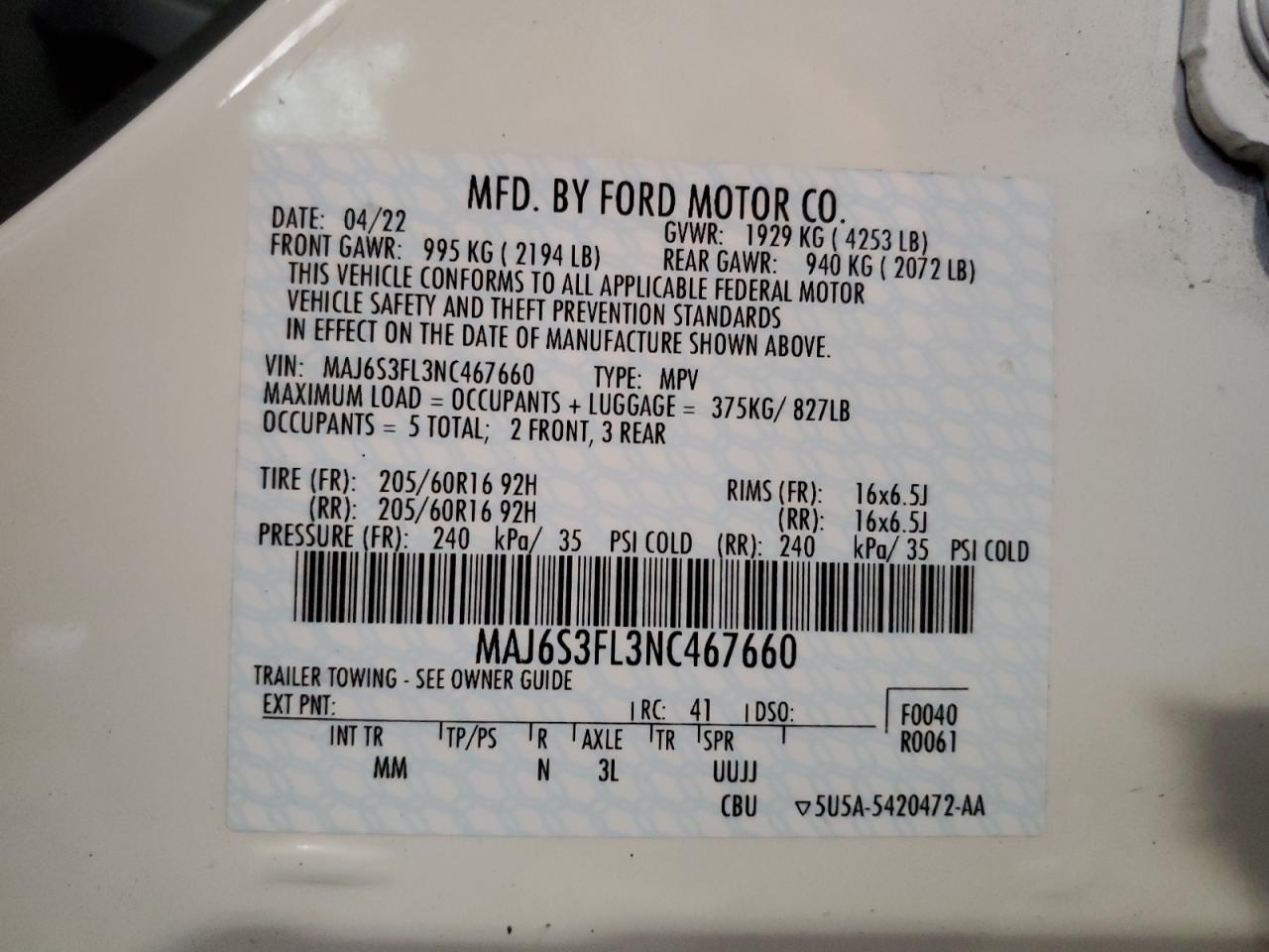 MAJ6S3FL3NC467660 2022 Ford Ecosport S