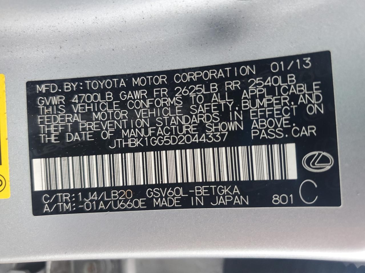 JTHBK1GG5D2044337 2013 Lexus Es 350