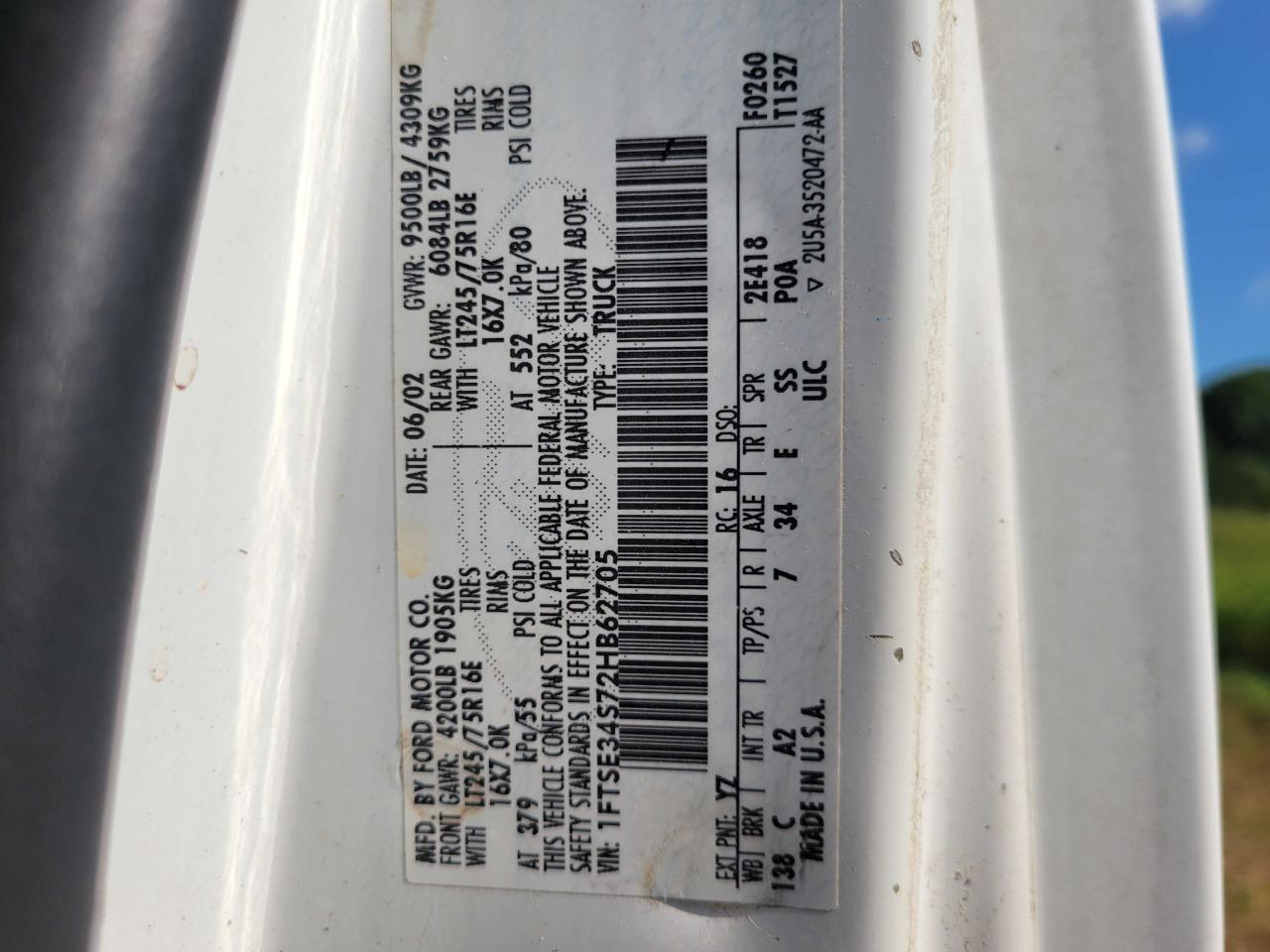 1FTSE34S72HB62705 2002 Ford Econoline E350 Super Duty Van