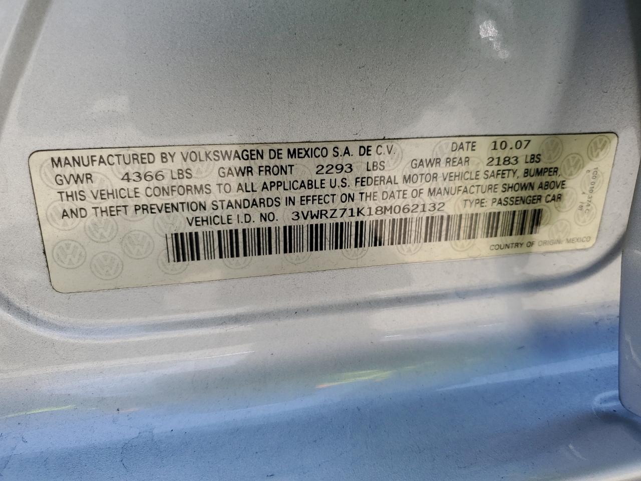 3VWRZ71K18M062132 2008 Volkswagen Jetta Se