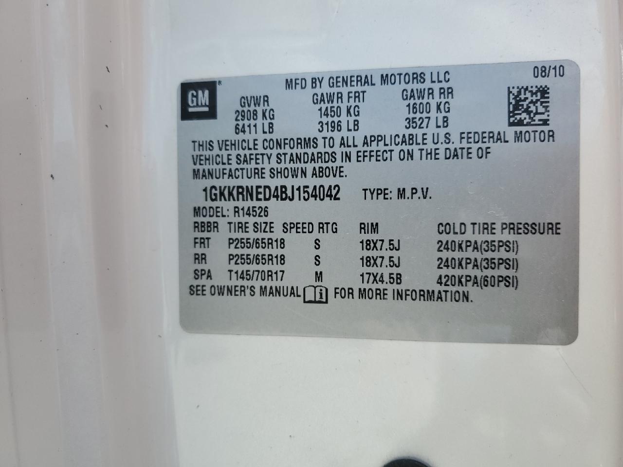 1GKKRNED4BJ154042 2011 GMC Acadia Sle