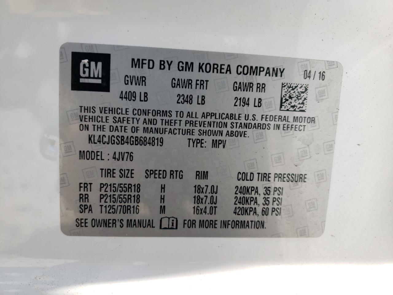 KL4CJGSB4GB684819 2016 Buick Encore