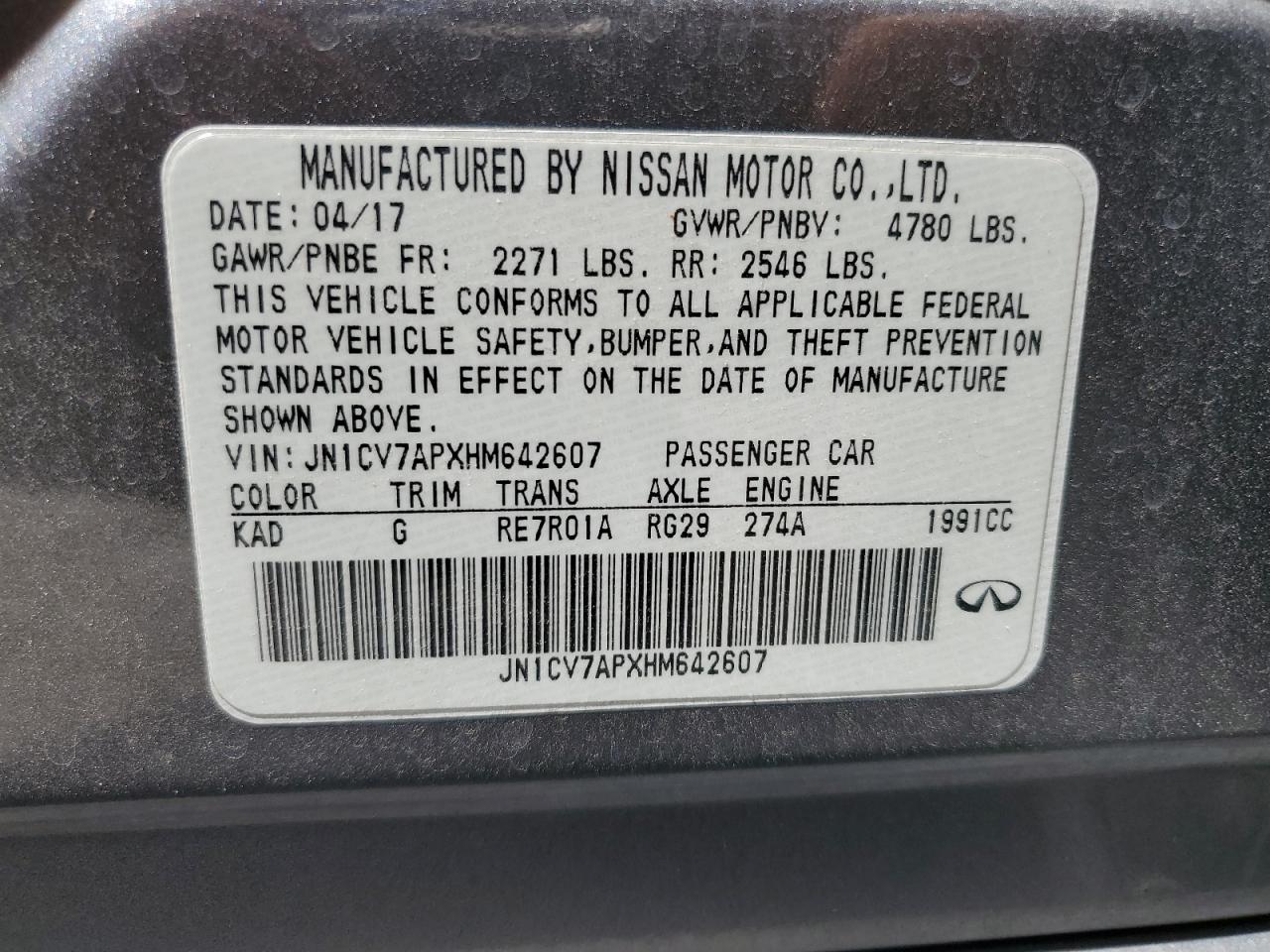 JN1CV7APXHM642607 2017 Infiniti Q50 Base