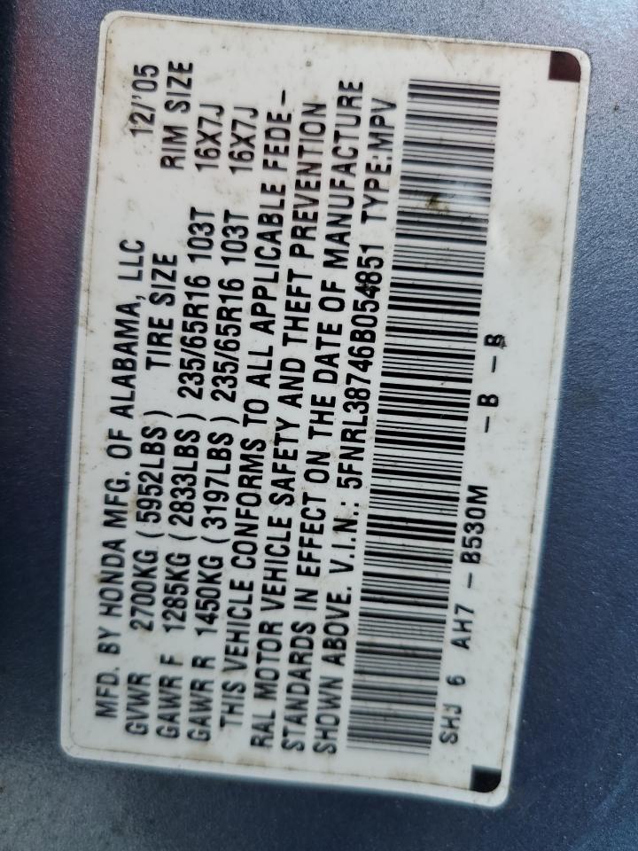 5FNRL38746B054851 2006 Honda Odyssey Exl