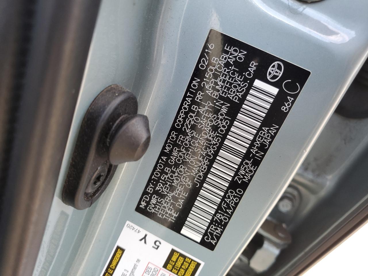 JTDKBRFU9G3510051 2016 Toyota Prius