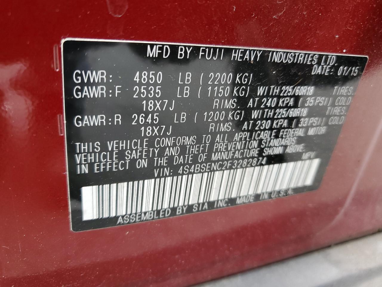 4S4BSENC2F3282874 2015 Subaru Outback 3.6R Limited