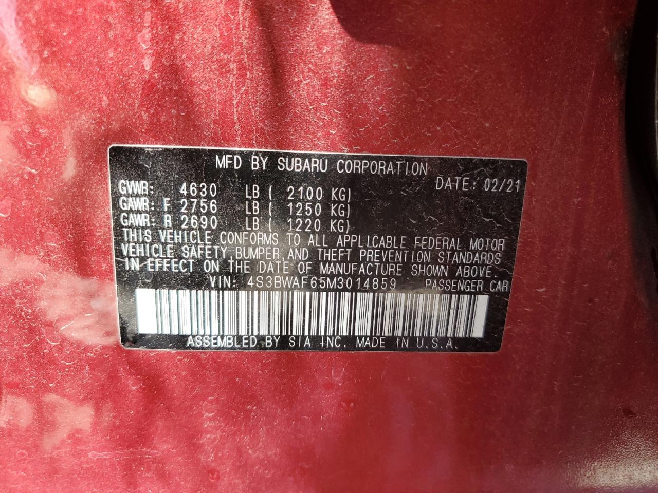 4S3BWAF65M3014859 2021 Subaru Legacy Premium