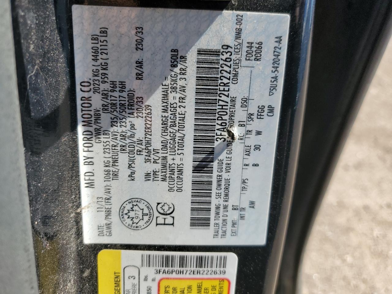 3FA6P0H72ER222639 2014 Ford Fusion Se