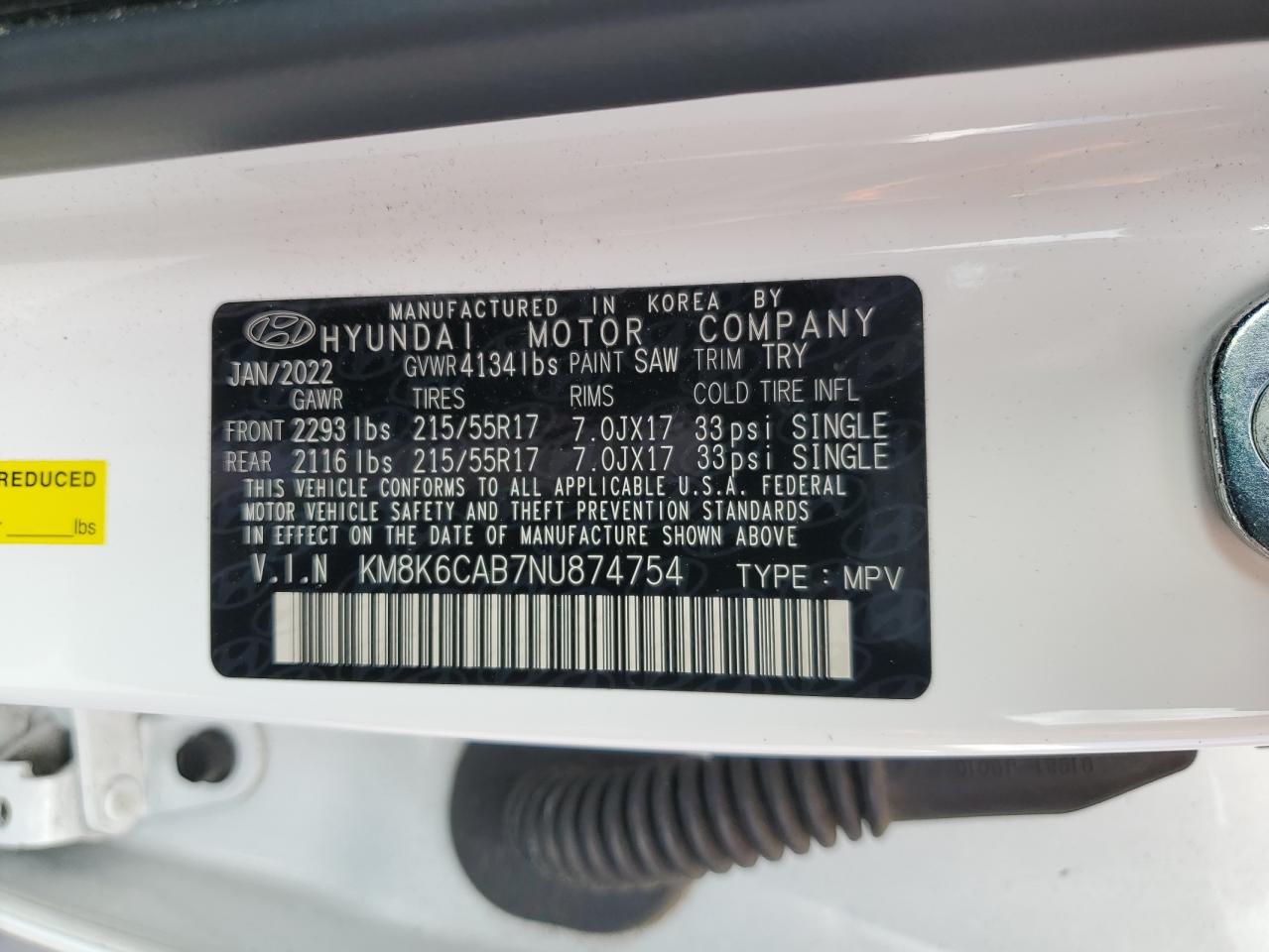 KM8K6CAB7NU874754 2022 Hyundai Kona Sel