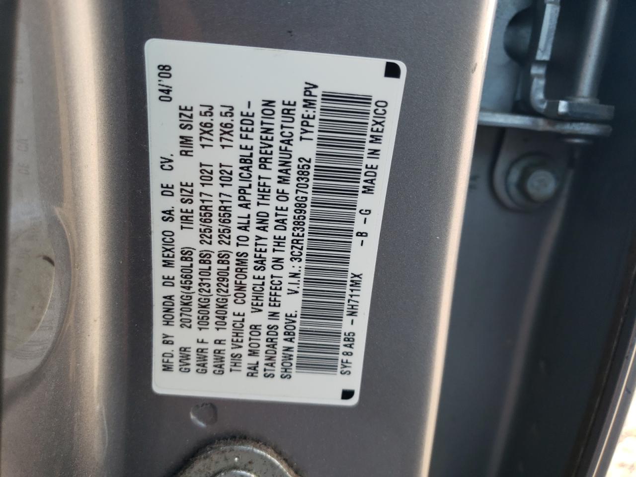 3CZRE38598G703852 2008 Honda Cr-V Ex