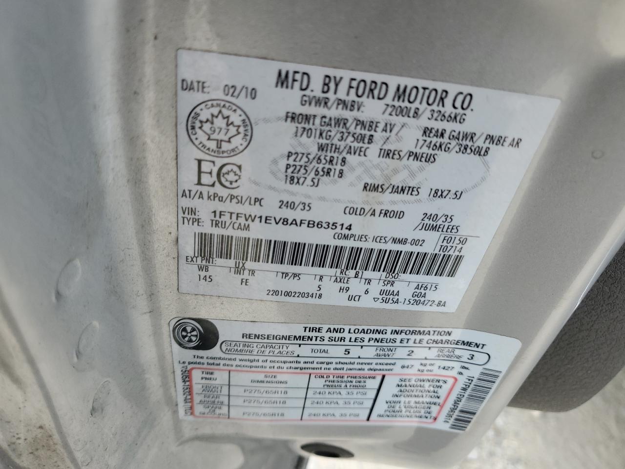 1FTFW1EV8AFB63514 2010 Ford F150 Supercrew