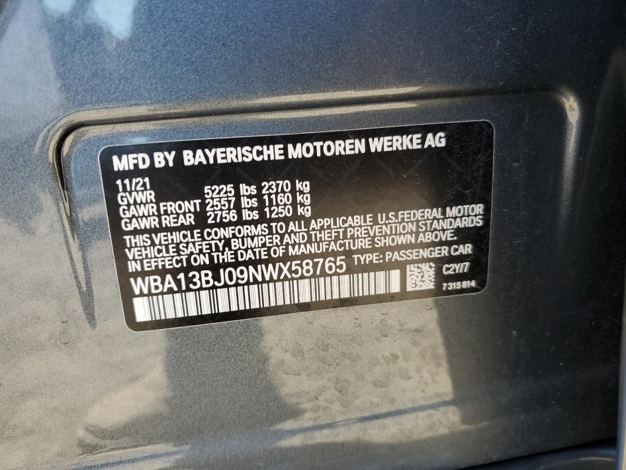 WBA13BJ09NWX58765 2022 BMW 530 Xi