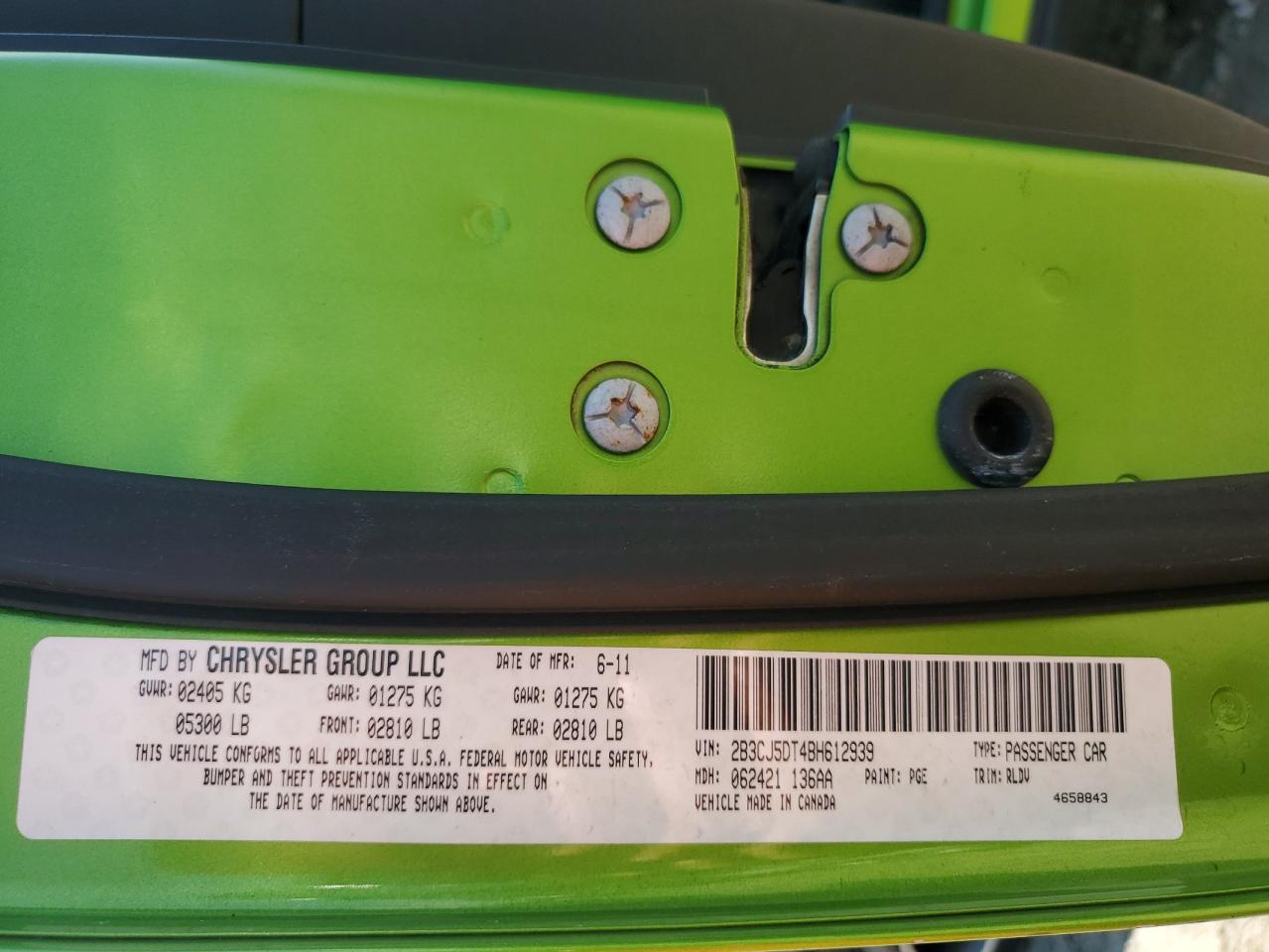 2B3CJ5DT4BH612939 2011 Dodge Challenger R/T