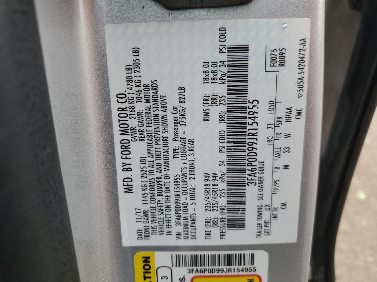 3FA6P0D99JR154955 FORD FUSION 2018