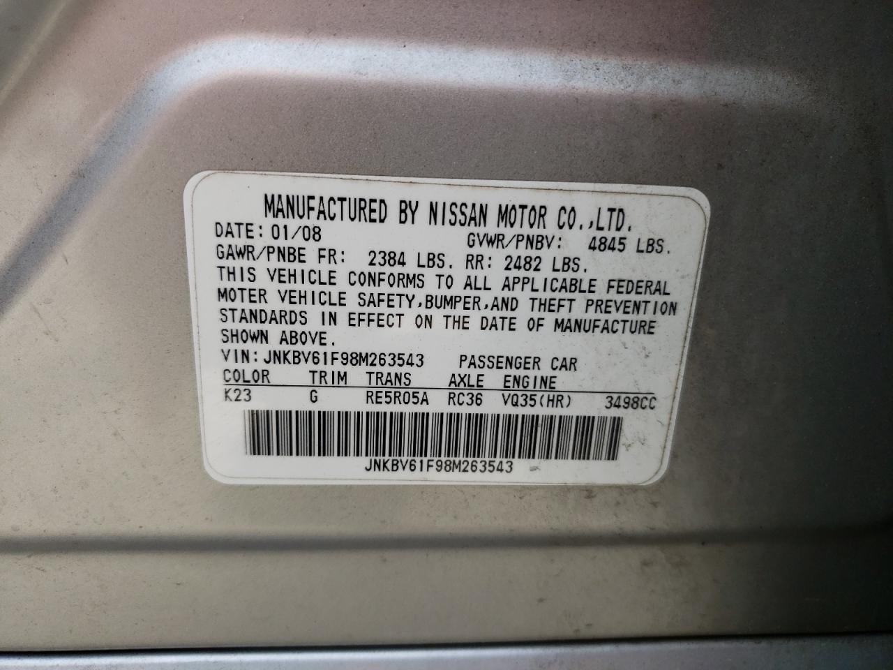 JNKBV61F98M263543 2008 Infiniti G35