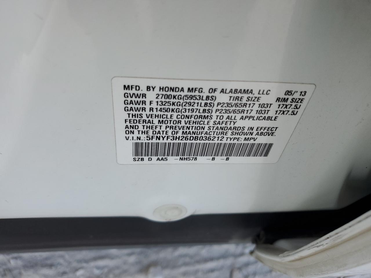 5FNYF3H26DB036212 2013 Honda Pilot Lx