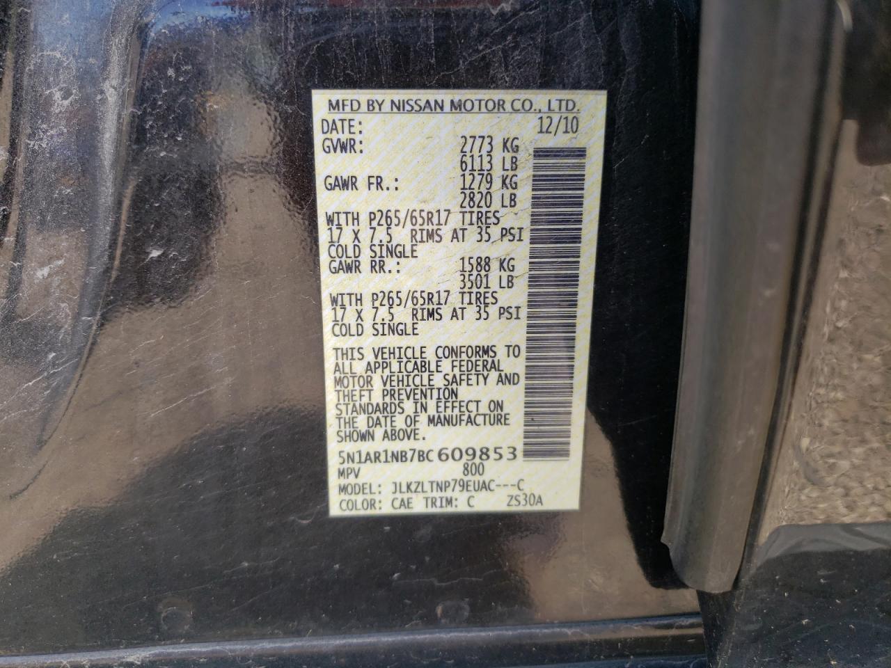 5N1AR1NB7BC609853 2011 Nissan Pathfinder S