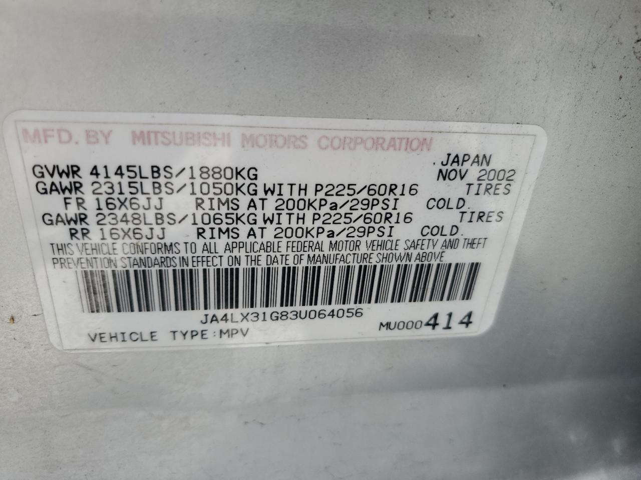 JA4LX31G83U064056 2003 Mitsubishi Outlander Ls