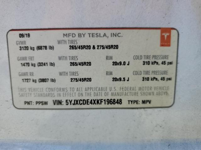 2019 Tesla Model X VIN: 5YJXCDE4XKF196848 Lot: 61055684