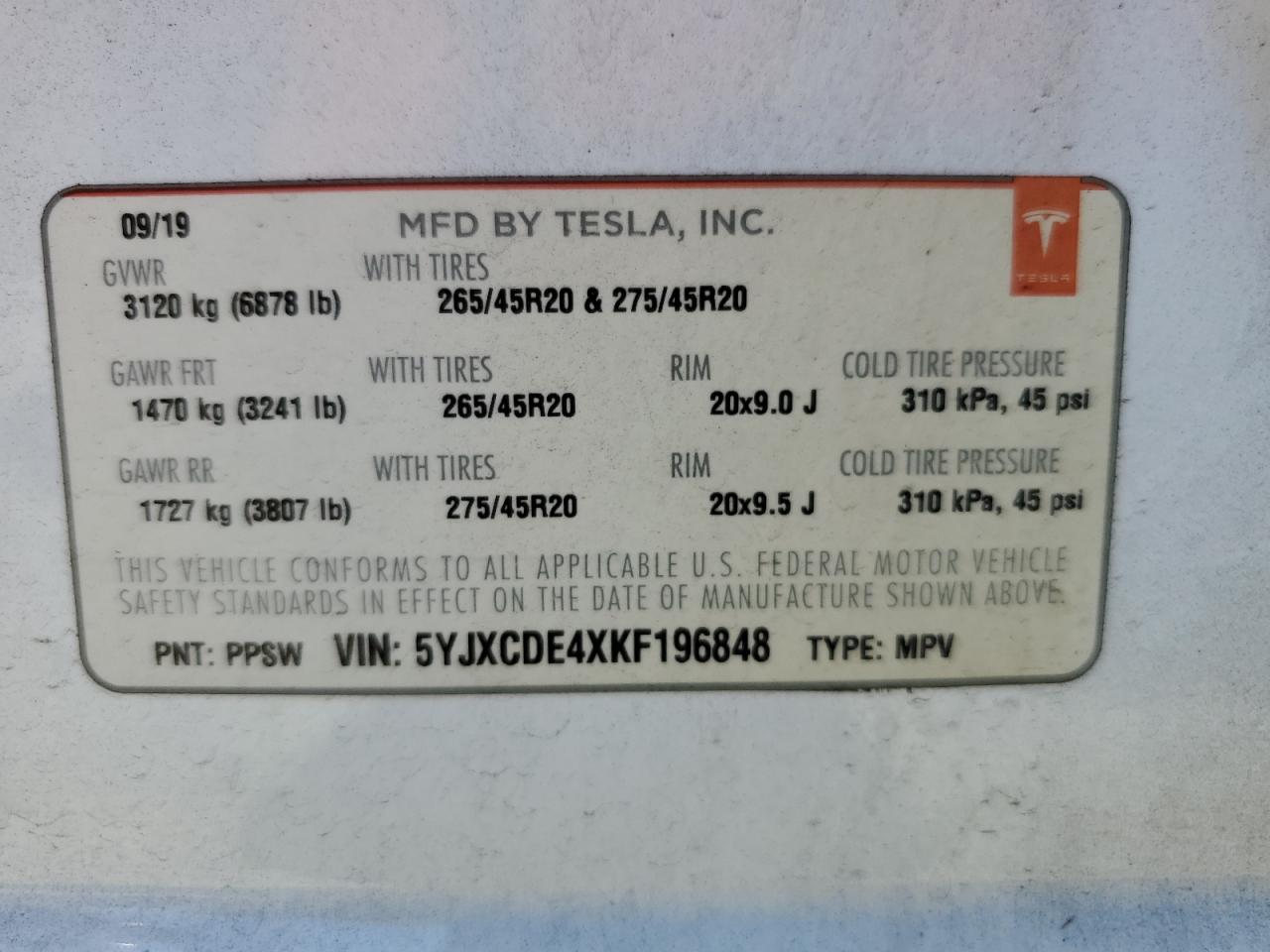 5YJXCDE4XKF196848 2019 Tesla Model X