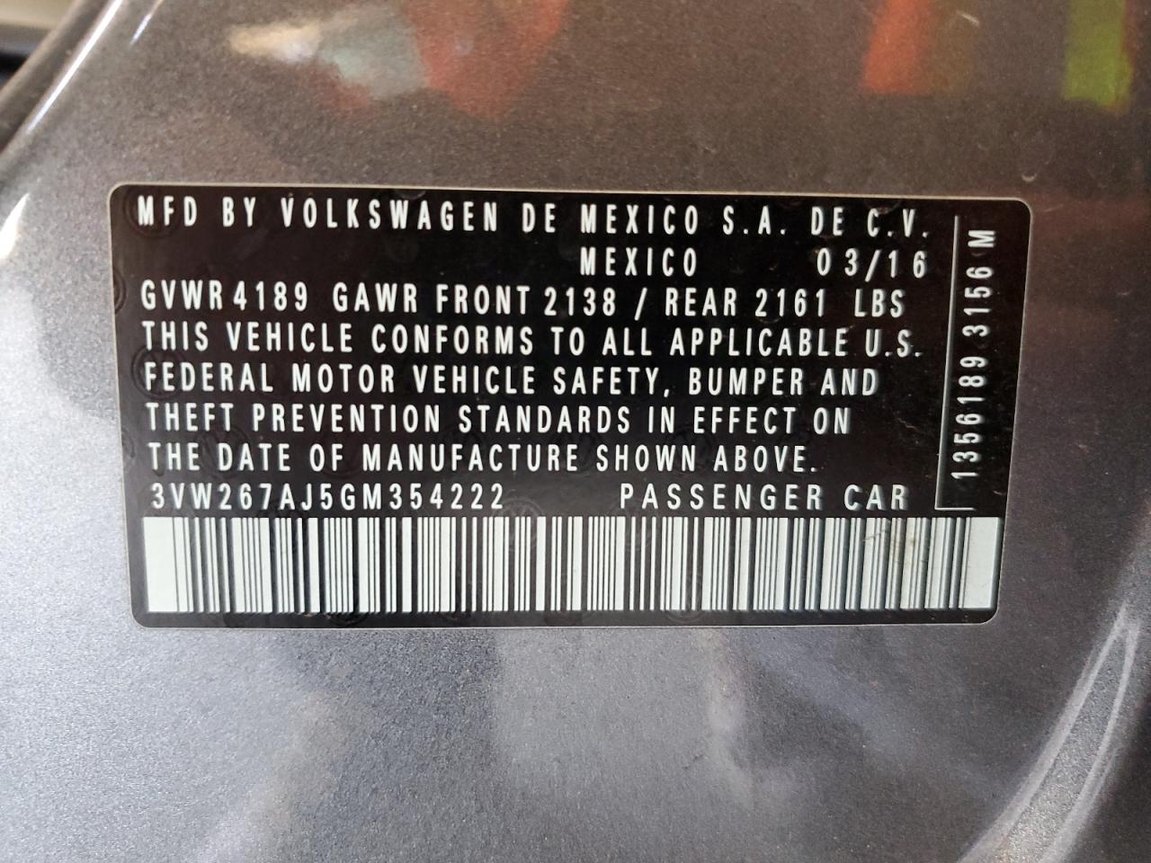 3VW267AJ5GM354222 2016 Volkswagen Jetta S