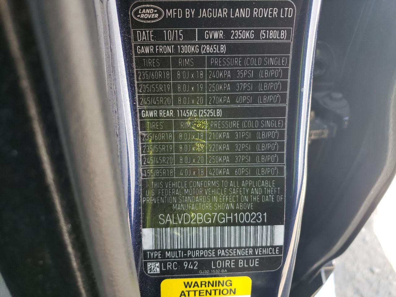 SALVD2BG7GH100231 2016 Land Rover Range Rover Evoque Hse Dynamic