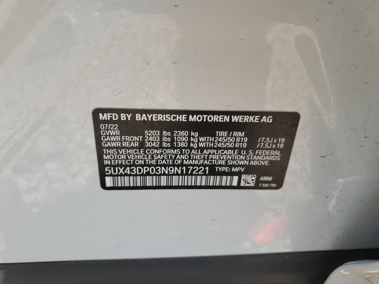 5UX43DP03N9N17221 2022 BMW X3 Sdrive30I