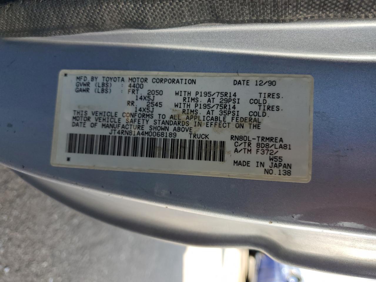 JT4RN81A4M0068189 1991 Toyota Pickup 1/2 Ton Short Wheelbase