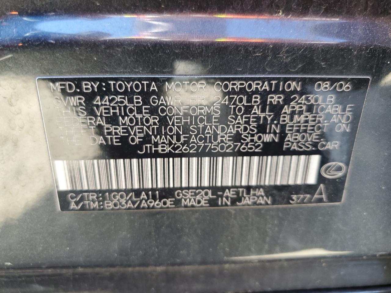 JTHBK262775027652 2007 Lexus Is 250