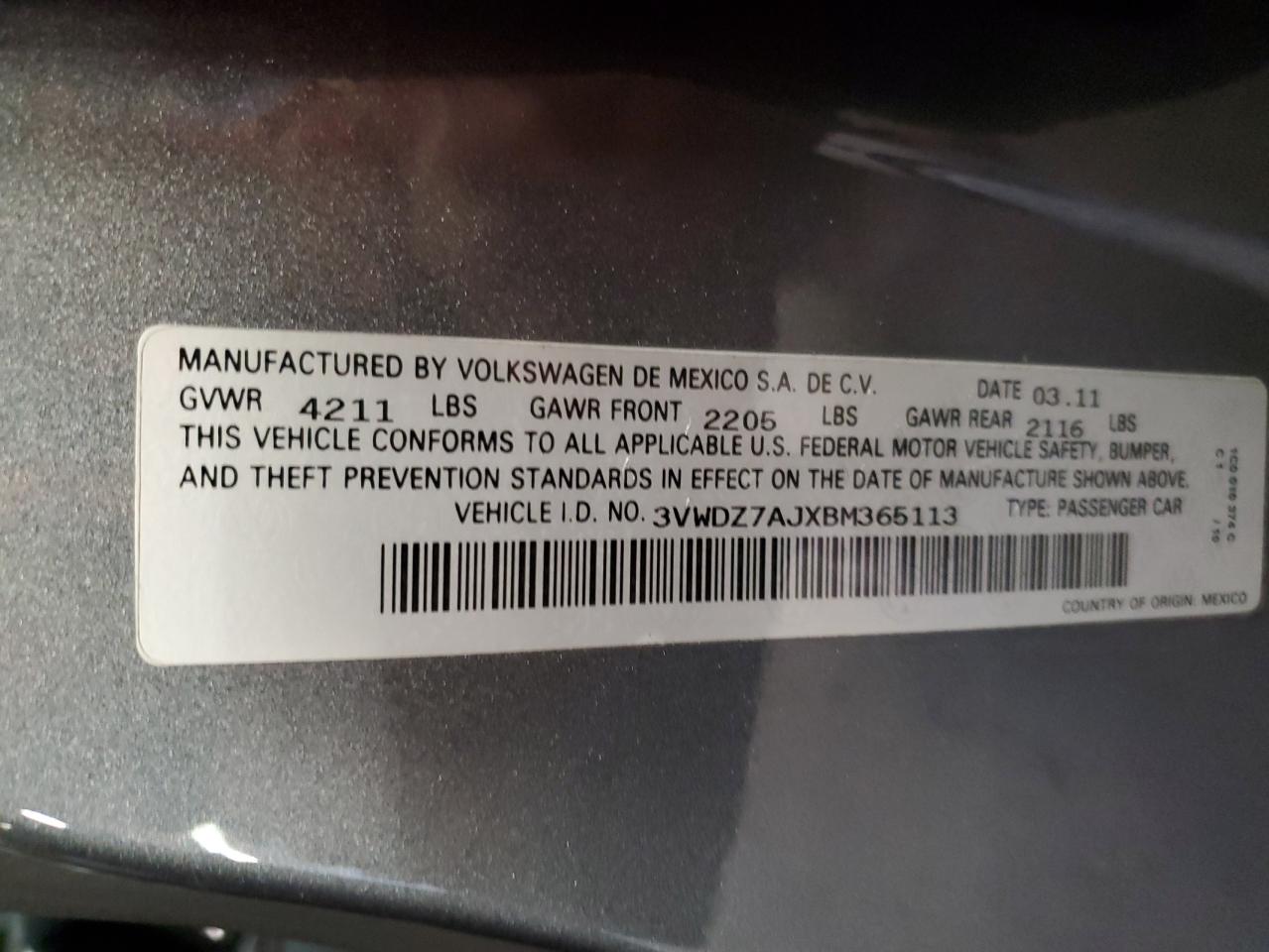 3VWDZ7AJXBM365113 2011 Volkswagen Jetta Se