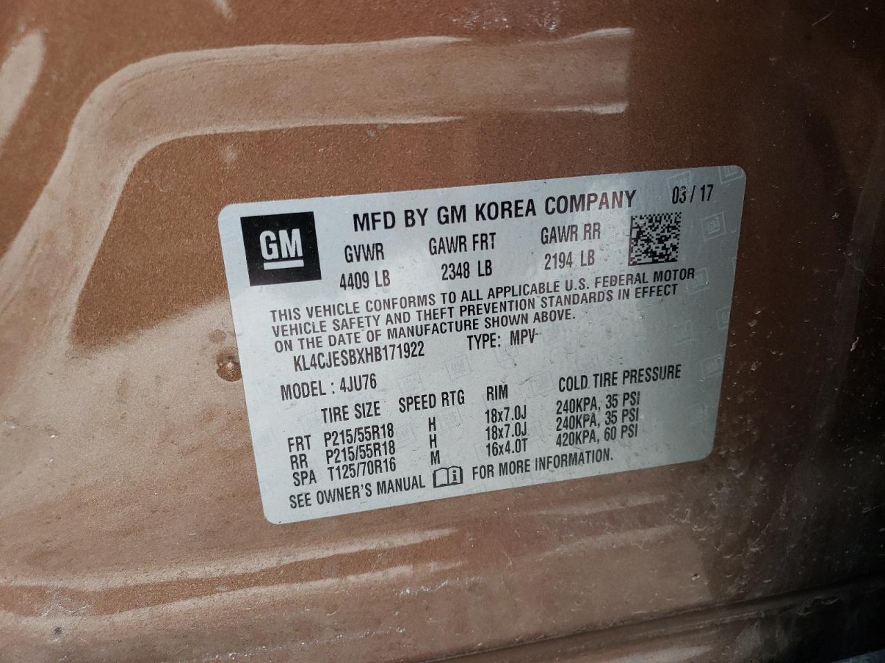 KL4CJESBXHB171922 2017 Buick Encore Preferred