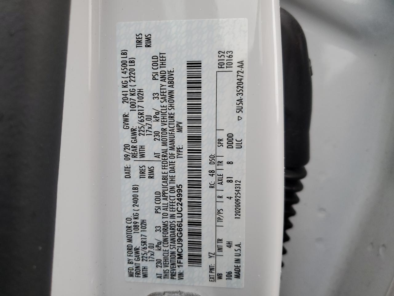 1FMCU9G66LUC24995 FORD ESCAPE 2020