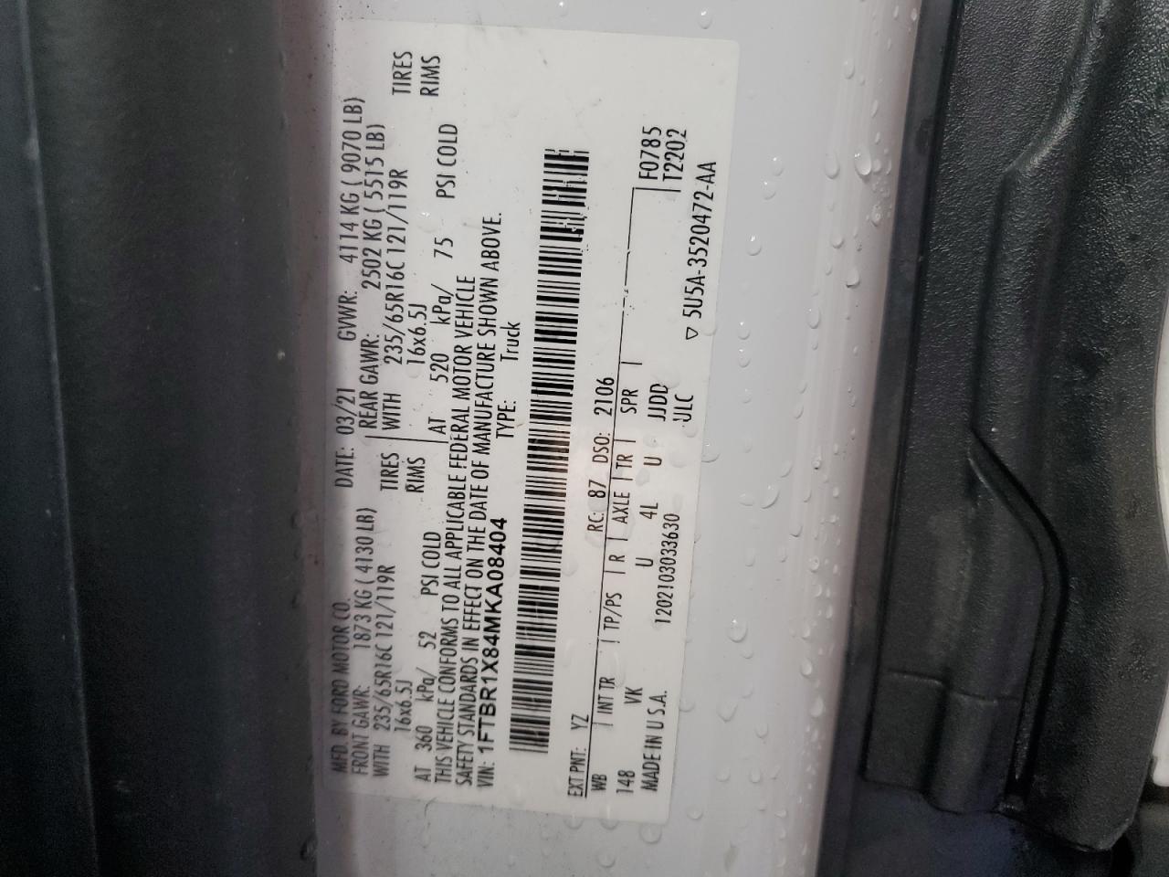 1FTBR1X84MKA08404 FORD TRANSIT 2021