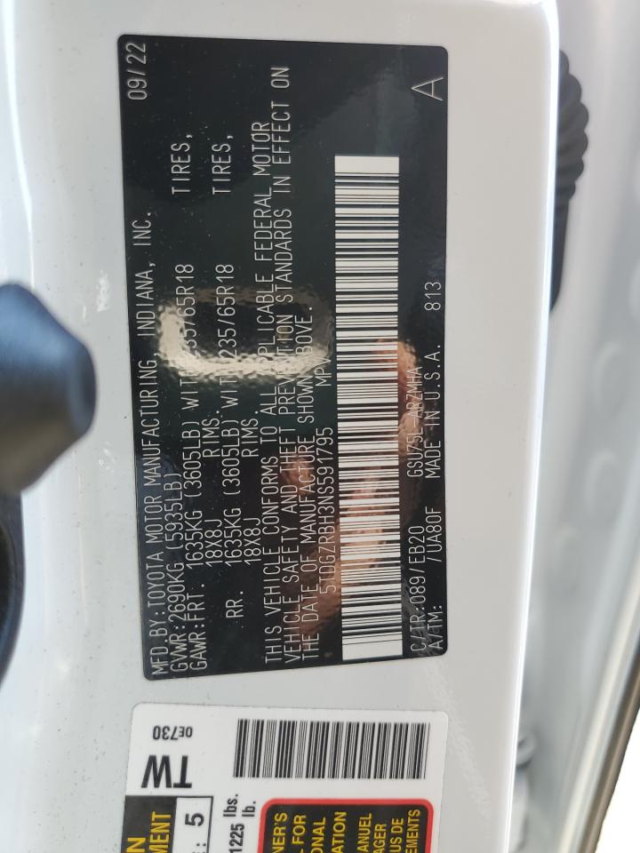 5TDGZRBH3NS591795 TOYOTA HIGHLANDER 2022