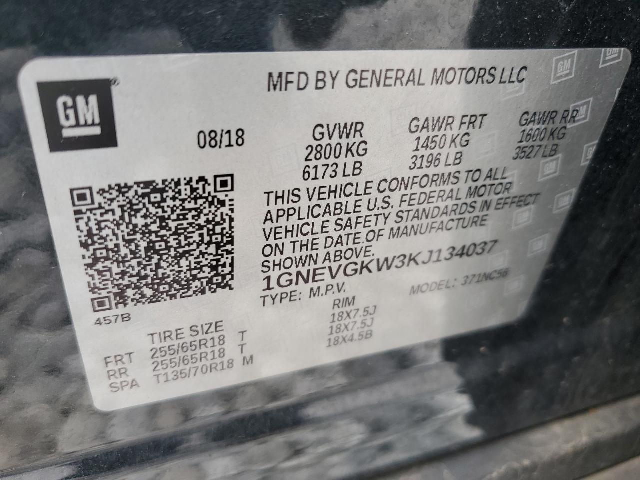 1GNEVGKW3KJ134037 2019 Chevrolet Traverse Lt