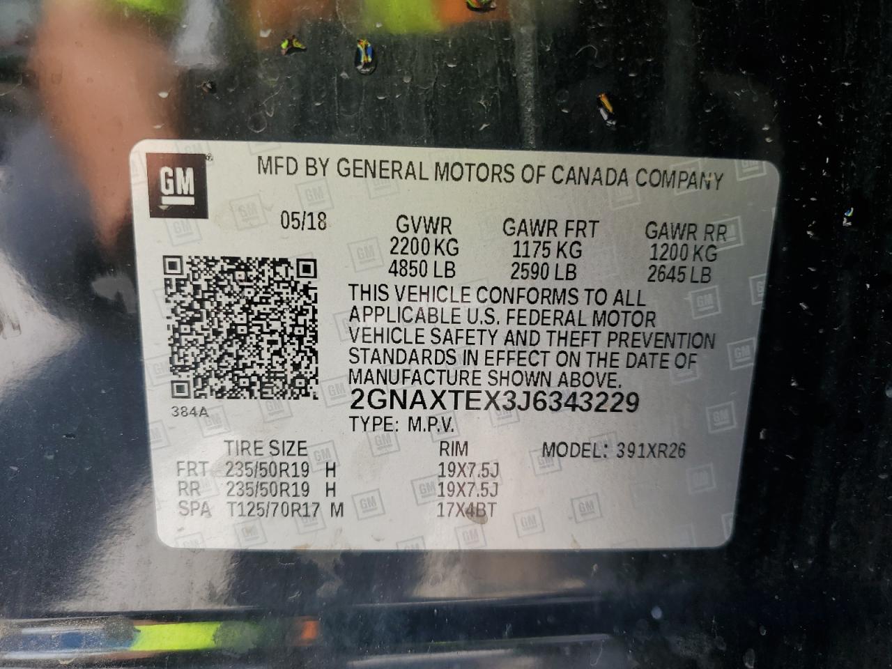 2GNAXTEX3J6343229 2018 Chevrolet Equinox Lt