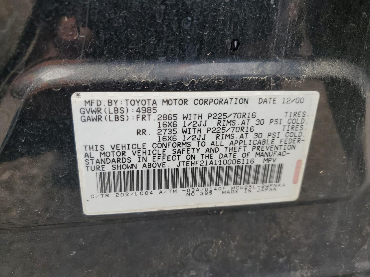 JTEHF21A110006116 2001 Toyota Highlander