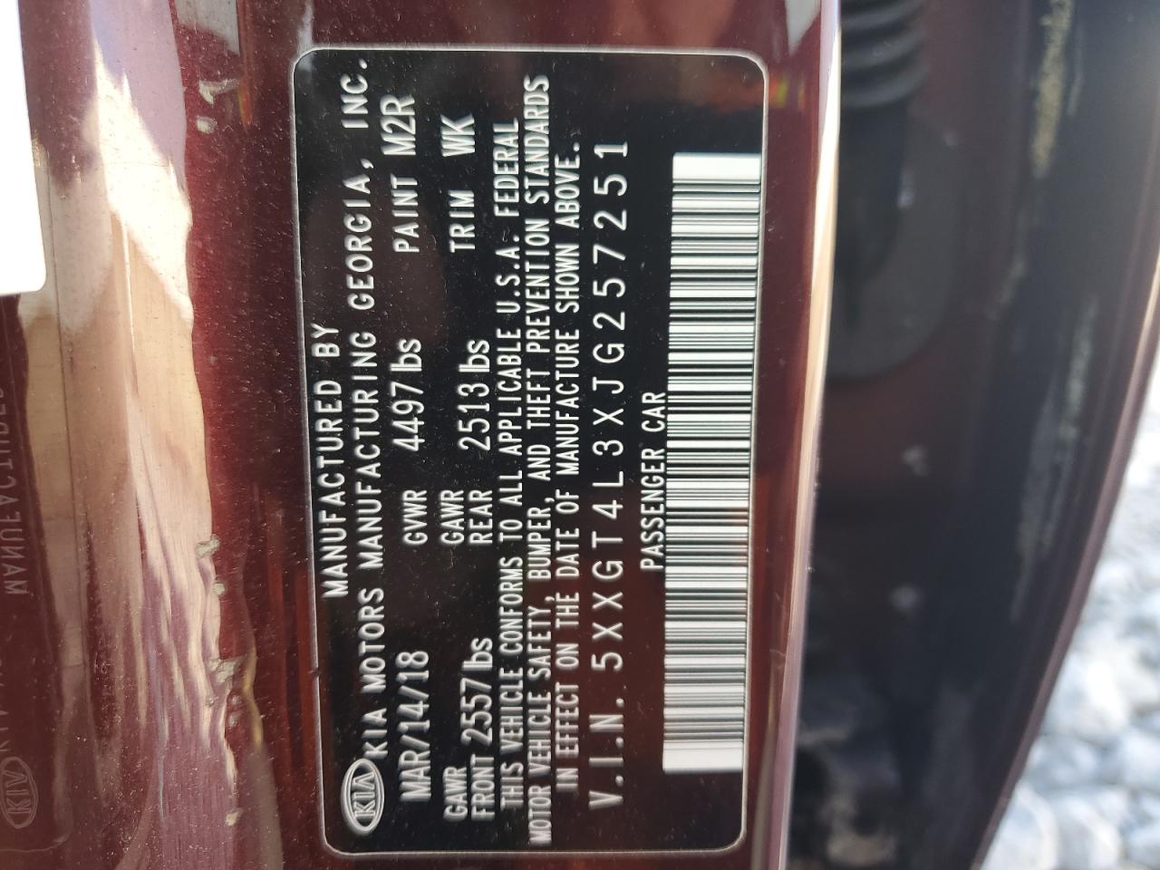 5XXGT4L3XJG257251 2018 Kia Optima Lx