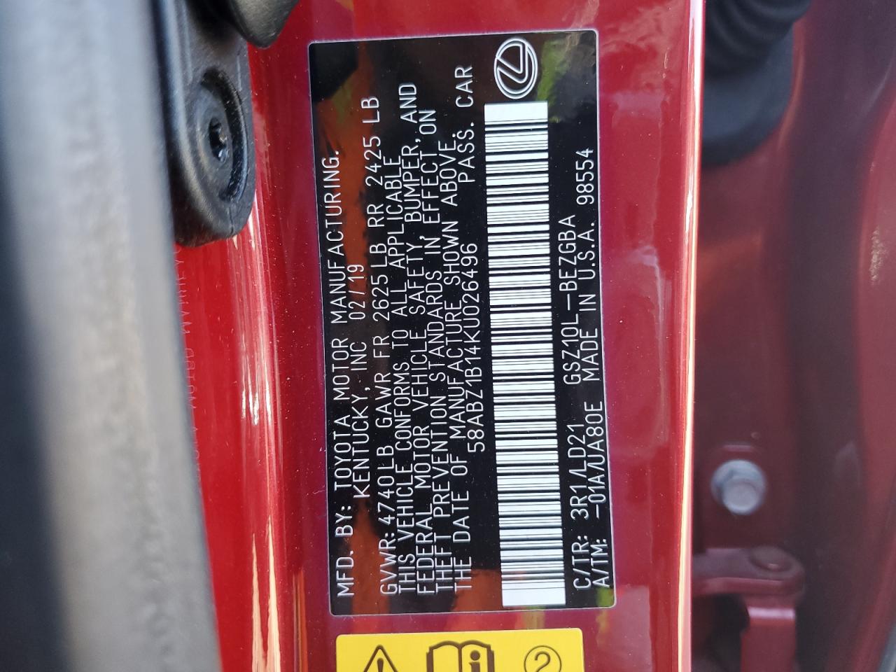 58ABZ1B14KU026496 2019 Lexus Es 350