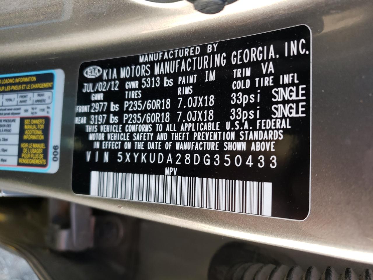 5XYKUDA28DG350433 2013 Kia Sorento Ex