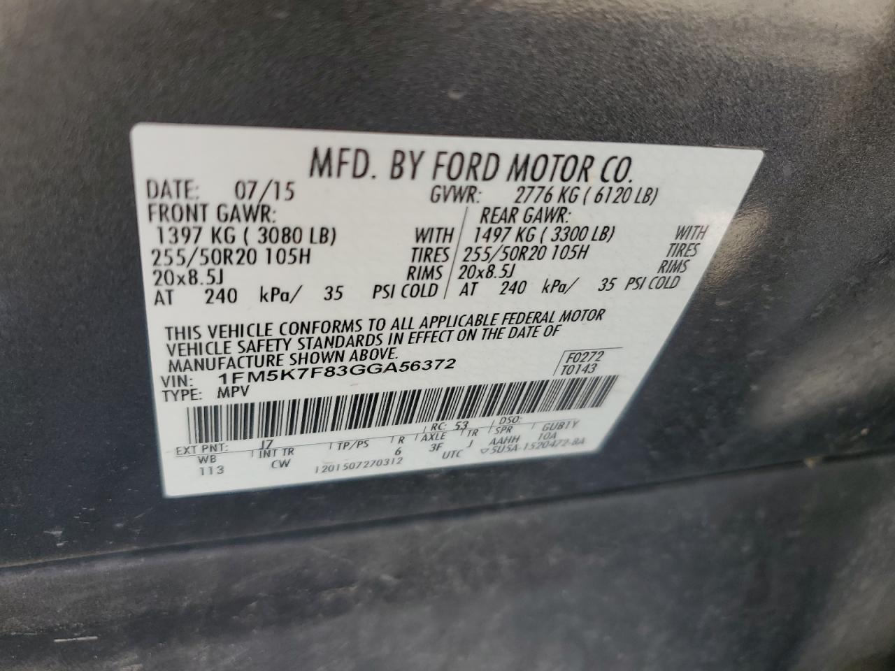 1FM5K7F83GGA56372 2016 Ford Explorer Limited