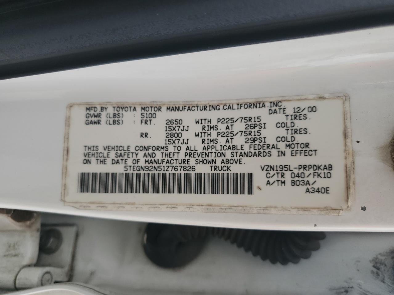 5TEGN92N51Z767826 2001 Toyota Tacoma Double Cab Prerunner