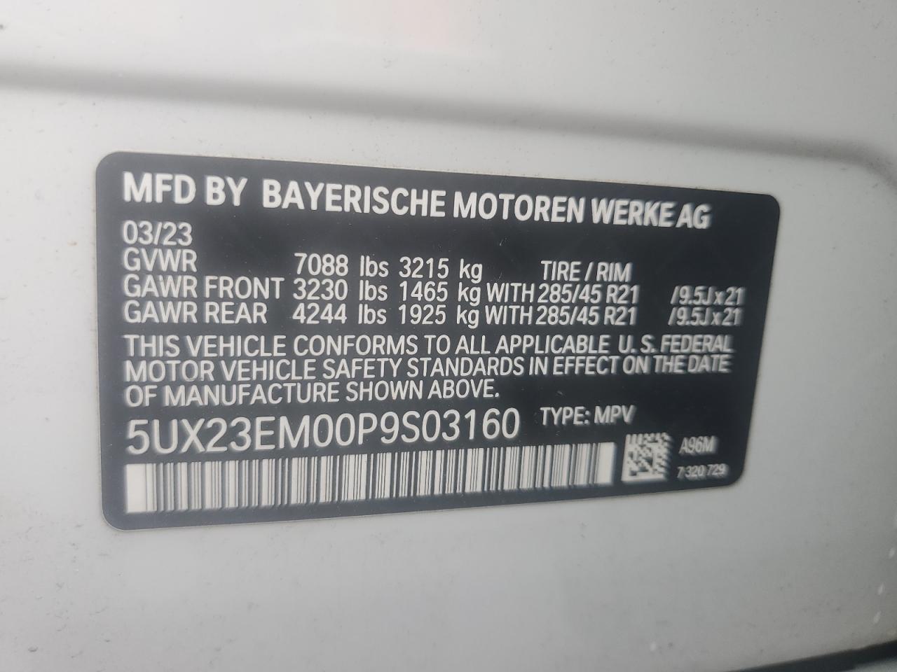 5UX23EM00P9S03160 2023 BMW X7 xDrive40I